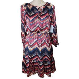 COLLECTIVE CONCEPTS Size Small Boho Blue Red Gold Zig Zag Ruffled Midi Dress NWT
